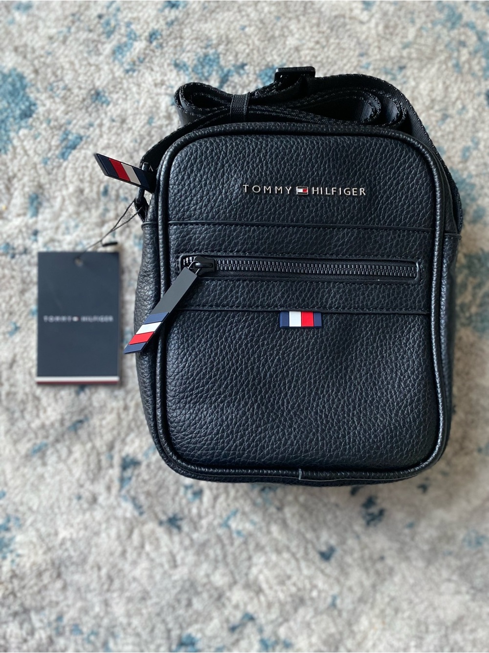 Tommy Hilfiger Black Pebbled Leather Crossbody Belt Bag with Signature Flag